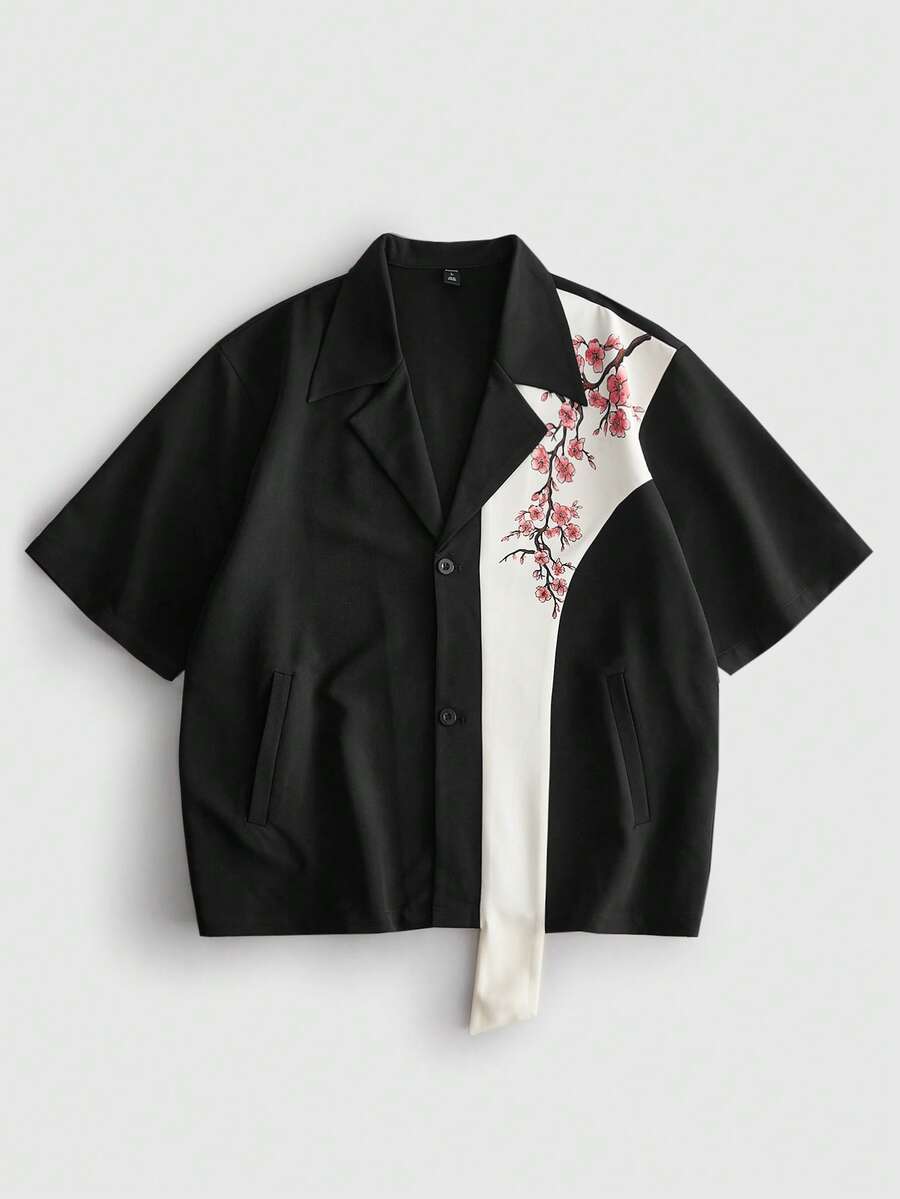 ROMWE MEN Street Life 男士休閒對比色花卉印花鈕扣前短袖襯衫，夏季 - 黑與白 - 查看 1