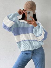 SHEIN Colorblock Rib-Knit Drop Shoulder Sweater,Long Sleeve Tops Knit Pullover Fall Winter Sweater - Baby Blue - View 4