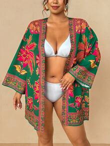 Travachic Đồ mặc resort phong cách Boho cho nữ | Áo khoác cardigan kimono họa tiết hoa nhiệt đới màu xanh đậm - Áo khoác ngoài che bãi biển dáng rộng tay rộng dài vừa - màu xanh lá - Xem 1