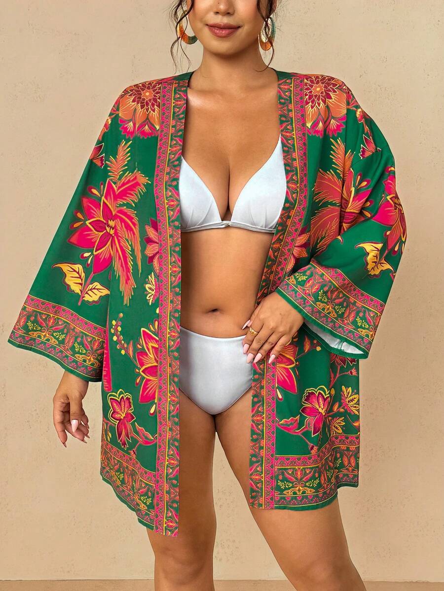 Travachic Đồ mặc resort phong cách Boho cho nữ | Áo khoác cardigan kimono họa tiết hoa nhiệt đới màu xanh đậm - Áo khoác ngoài che bãi biển dáng rộng tay rộng dài vừa - màu xanh lá - Xem 1