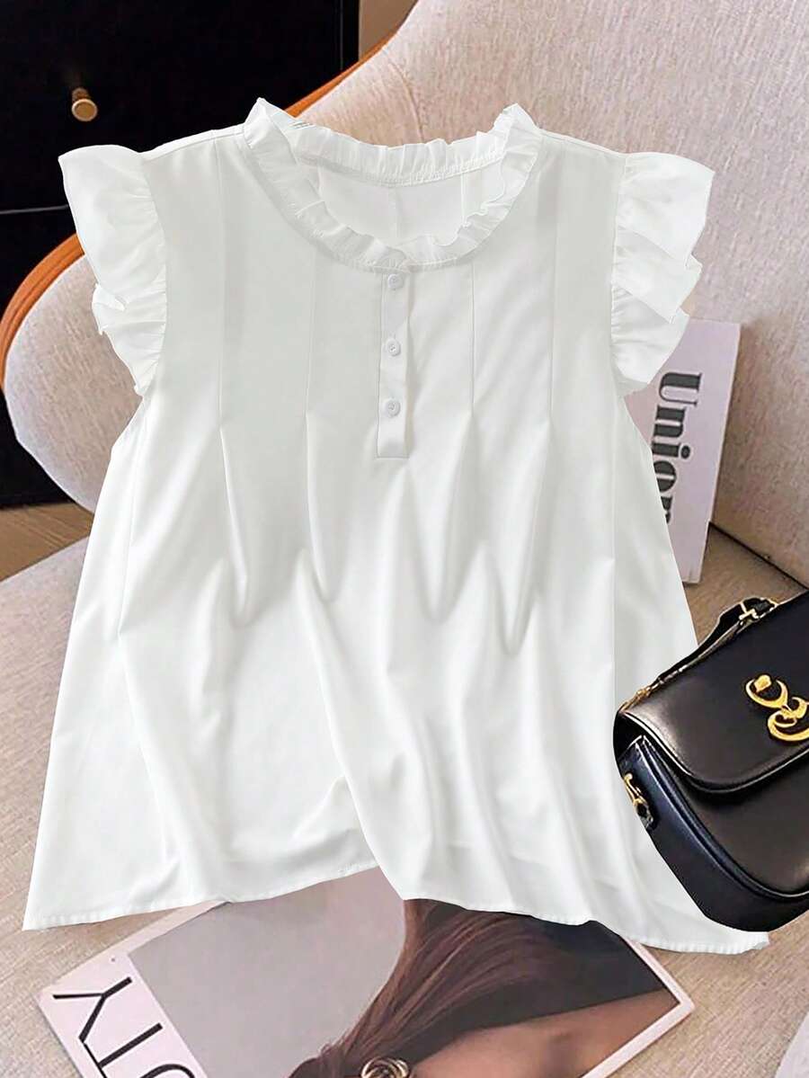 GlowEve CURVE Plus Size Women's Popular Solid Color Cap Sleeve Ruffled Collar Pullover Blouse, Suitable For Daily Commute, Outing, Vacation, Commute, Dating - White - View 1