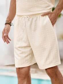 男士夏季休闲宽松纯色多功能侧袋设计柔软透气户外休闲 Polo 领半拉链纽扣短袖 T 恤和抽绳腰短裤套装，两件套 - 杏色 - 查看 7