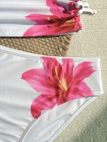 SHEIN 2pcs/Set Teen Girl Spaghetti Strap Ruched Floral Print Swimwear With Swim Shorts, Suitable For Beach Vacation - Pink - View 3