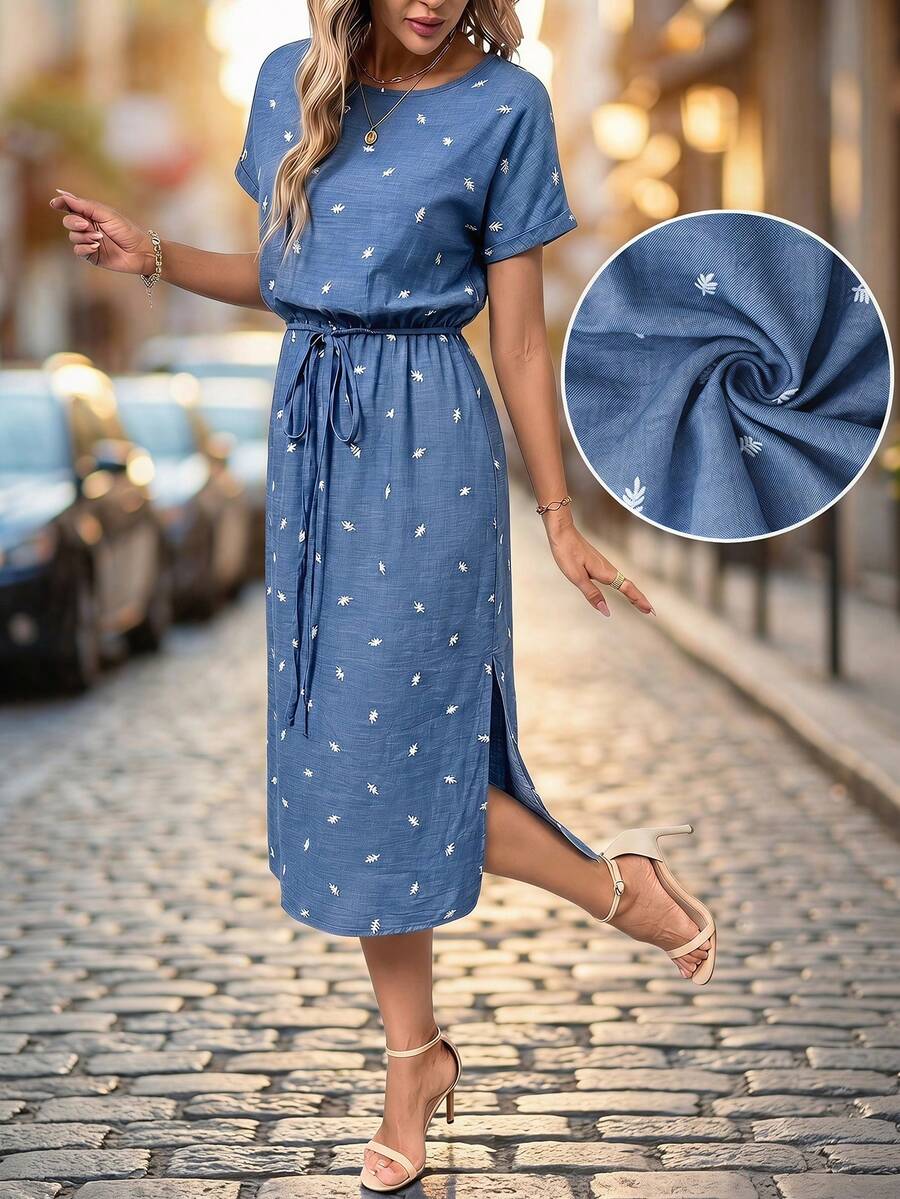 Editum 女士优雅亚麻印花圆领系带侧开衩短袖中长连衣裙,夏季连衣裙,度假连衣裙,约会连衣裙,沙滩连衣裙,通勤连衣裙,旅行连衣裙,适合多种场合 - 彩色 - 查看 1