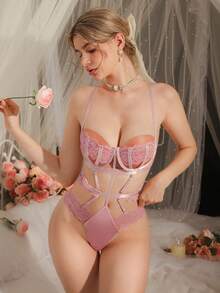 DelicateAllure Women's Lace Patchwork Hollow-Out Sexy Jumpsuit - Pink - View 3