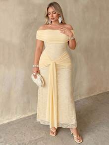 Auralis Plus Size Women Embroidered Tie-Up Ruched Bandeau Dress Festival Outfits Elegant Party Cocktail Formal Curvy Luxury Wedding Peach Summer Wedding - Yellow - View 4