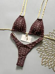 Swim Vcay Conjunto de bikini sexy de mujer con estampado aleatorio, decoración metálica y atuendo de playa de verano - Multicolor - Ver 4