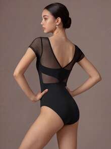 SHEIN Conjunto deportivo de una pieza para adolescente, cuello redondo elástico con malla de contraste, verano, vuelta a la escuela, universidad - Negro - Ver 2