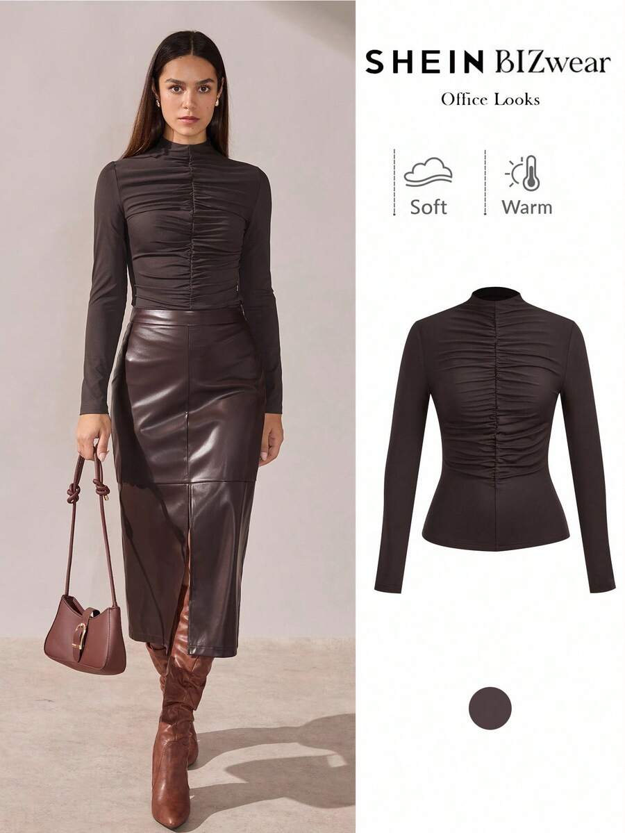 BizChic Women's Solid Color Stand Collar Long Sleeve Pleated Casual Elegant Commuter T-Shirt, Basic Top, Outdoor Top, Office Business Casual Outfit, Autumn - Brown - View 1