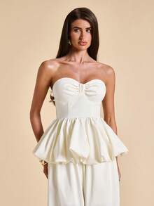 SHEIN BAE Damen einfarbiges apricotfarbenes trägerloses Puffärmel-Top, elegantes Top - Aprikosenfarben - Übersicht 5