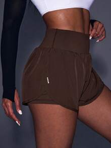 Powerista Solid Color High Waist Double Layer Sports Shorts Women's Elastic Waist Double-Layer Casual Fitness Shorts Women's Elastic Waist Zipper Pocket Daily Fitness Double-Layer Sports Shorts Elastic Waist Sports Shorts With Phone Pocket Flowy Shorts Women Sweat Short, Gym Short, Biker Short For Daily Wear Yoga Yoga Studio Gym Indoor Outdoor Active - Brown - View 8