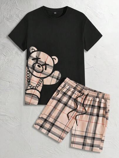 AXEPEAK Bộ áo thun tay ngắn họa tiết gấu caro và quần short cạp rút cho nam, trang phục mùa hè, trang phục dạo phố thường ngày, trang phục ấm áp, đồ đôi
