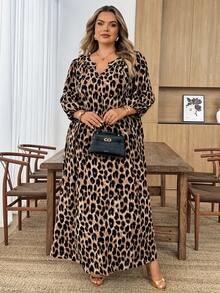 SHEIN CURVE+ Women's Plus Size Leopard Print V-Neck Dress, Chocolate Brown Bohemian Boho Vacation Casual Elegant Loose Robe Autumn Fall - Multicolor - View 5