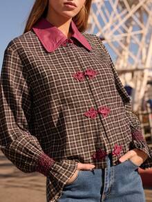 Nöista Plaid Shirt With Fuchsia Collar. Fall, Office Wear, Brunch, Casual Chic Style. - Black - View 2