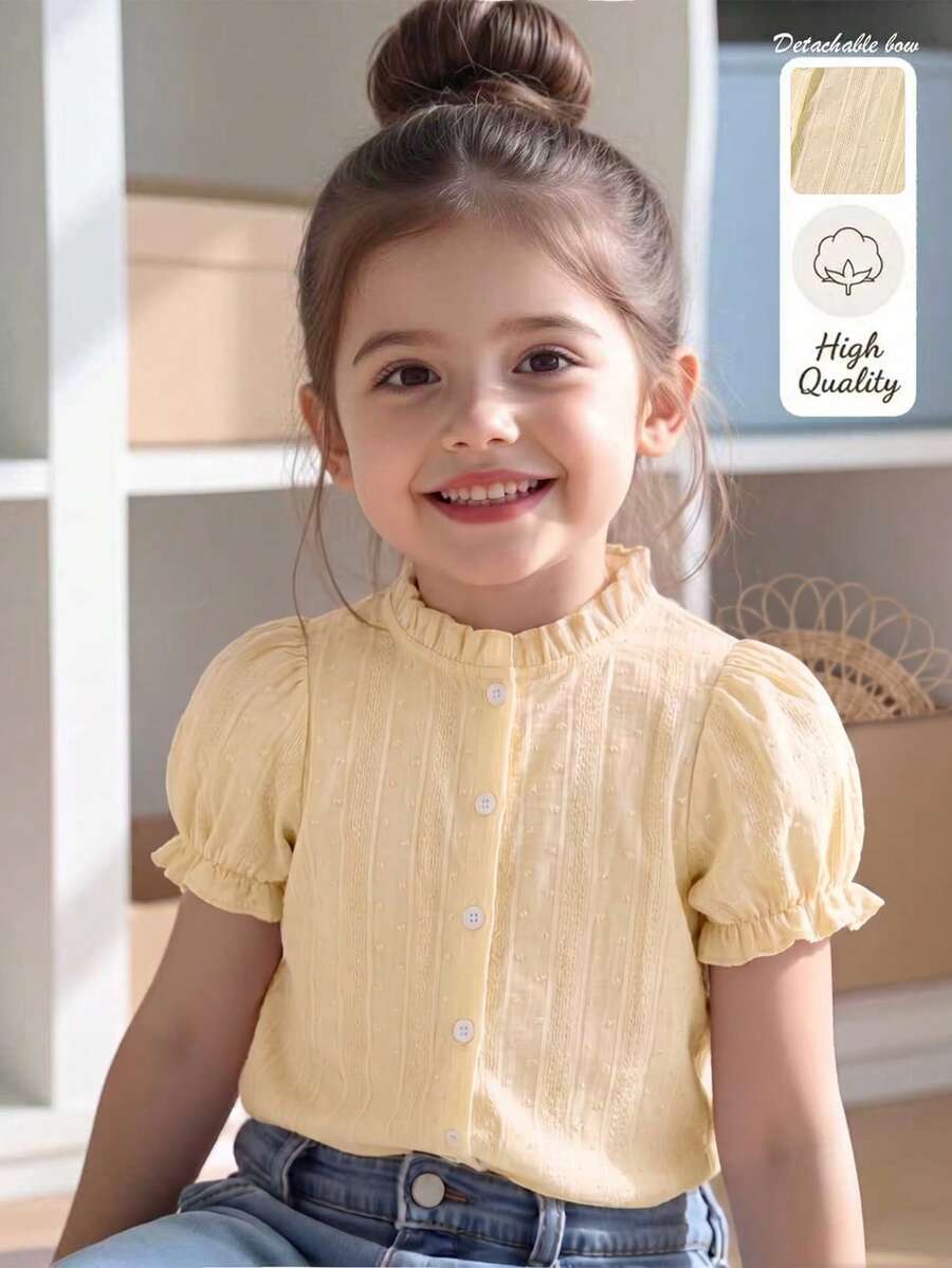 SHEIN Elladie kids 女童休闲紫色短袖上衣，采用柔软蓬松的提花面料制成，时尚百搭，是度假旅行的理想之选，也适合外出、休闲和聚会穿着。