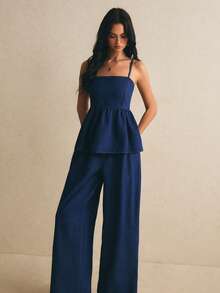 Poéselle Women's Solid Color Tank Top And Elastic Waist Jeans Set, Dark Blue Two-Piece Set Casual Sets For Women  Y2K - Medium Wash - View 5
