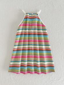 Cozy Pixies Young Girl Cute Rainbow Striped 3D Floral Decor Spaghetti Strap Ruffle Hem Casual Dress, Suitable For Daily Outing And Holiday - Multicolor - View 4