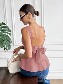 Serisse Women's Solid Color Backless Tie Knot Sleeveless Shirt - Dusty Pink - View 4