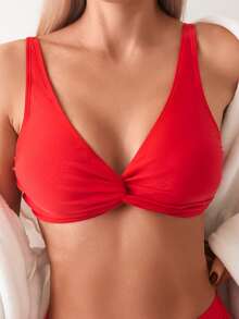 Swim Chiccia 女款素色簡約日常穿搭掛脖式泳衣套裝 - 紅色 - 查看 4