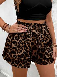EMERY ROSE Plus Size Vintage Leopard Print Paperbag Ruffle High Waist Drawstring Wide Leg Loose Shorts With Side Pockets Women Summer Casual Bottoms - Multicolor - View 5