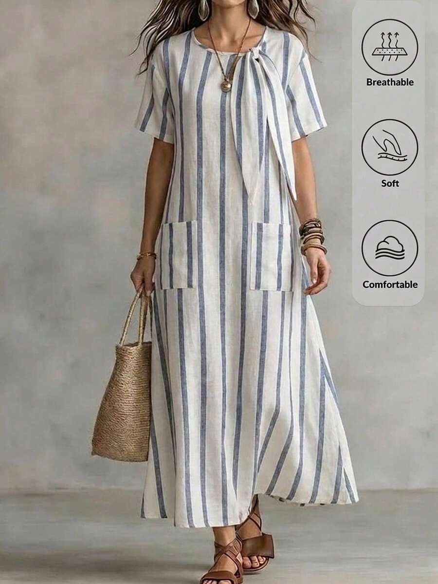 SHEIN LUNE Women's Blue And White Stripe Bow Decor Loose Dress, Casual Beach Vacation Holiday Style Summer - White - View 1