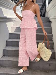 SHEIN LUNE Bộ 2 món gồm áo hai dây và quần cạp chun họa tiết hoa nhí màu vàng dễ thương, màu hồng mùa hè, phong cách thường ngày. - Hồng - Xem 9