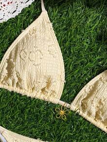 Swim Mod Women's Yellow Summer Casual Beach Holiday Vacation Holiday Swimsuit,Textured Daisy Fabric Bikini Set,Metal Flower Pendant Backless Triangle 2 Pieces - Yellow - View 4