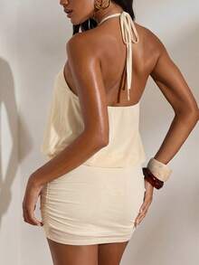 Opulessa Vestido mini plisado de unicolor con cuello halter para mujer - Albaricoque - Ver 2