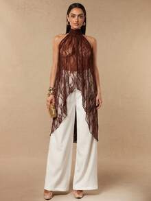 Silquee Women's Pastal Lace Halter Dress Elegant Sexy Semi-Sheer Floral Jacquard Turtleneck Asymmetrical Blouse Top Summer Party Night Date Golf Brown - Brown - View 1