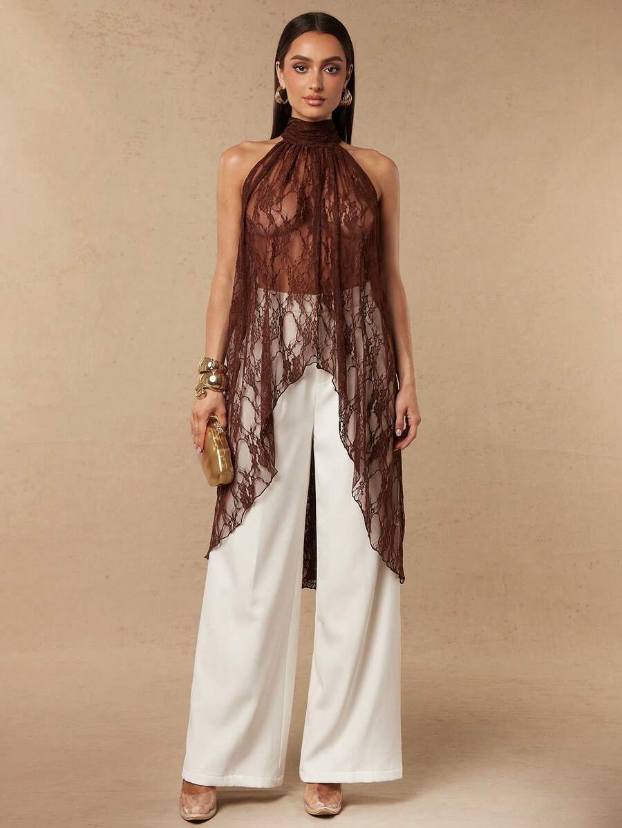 Silquee Women's Pastal Lace Halter Dress Elegant Sexy Semi-Sheer Floral Jacquard Turtleneck Asymmetrical Blouse Top Summer Party Night Date Golf Brown - Brown - View 1