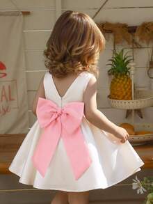 SHEIN Baby Girl Woven Contrast Color Bow Decor Round Neck Sleeveless Casual Elegant Dress Wedding Guest White And Pink Summer - Multicolor - View 1