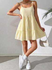 SHEIN EZwear 浅黄色休闲吊带露背娃娃裙 - 淡黃色 - 查看 6