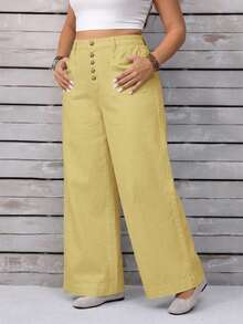 EMERY ROSE Plus Size Women's Solid Color Button Dual Pocket Loose Casual Denim Jeans Formal Light Yellow Summer - Yellow - View 9
