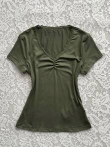 Attitoon Casual Minimalist Versatile Lace Trim Olive Green T-Shirt For Women, Suitable For Spring/Summer - Dark Green - View 4