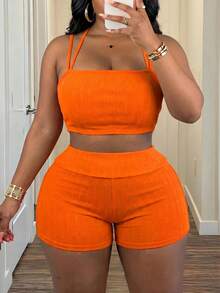 Slaydiva Women's Plus Size Two Pieces Set, Summer Orange Smart Casual Sexy Beach Vacation Rave Party Gym Strapless Tank Top High-Waisted Cycling Shorts, Sporty - Orange - View 10