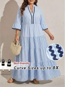 SHEIN CURVE+ Đầm đi biển tay loe xếp tầng in hoa cỡ lớn dành cho nữ, trang phục đi nghỉ mát, đầm hè cho nữ, đầm maxi xanh trắng, đầm maxi hoa xanh, đầm maxi xếp tầng, quần áo mùa thu cho nữ, trang phục học sinh, trang phục đồng quê cho nữ, trang phục giáo viên cho nữ, trang phục đồng quê cho nữ, quần áo mùa thu cho nữ, trang phục mùa thu cho nữ, đầm cho nữ, trang phục thường ngày. - Màu xanh lam - Xem 6