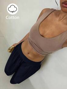 Glamine Pantalones anchos de cintura baja vintage, efecto estilizante, pantalones casuales de algodón puro color café, adecuados para vacaciones, uso casual, verano - Azul Marino - Ver 6