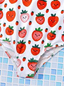 SHEIN Young Girl Cute Strawberry Print One-Piece Swimsuit, Suitable For Vacation, Beach - Red - View 3