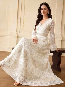 ZEYLAH Vestido con cuello en V, contraste de encaje y mangas acampanadas - Blanco - Ver 1