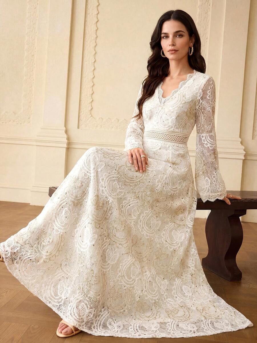 ZEYLAH V-NECK CONTRAST LACE FLARE SLEEVE DRESS - White - View 1