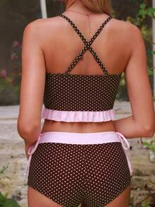 Swim Mod Set Bikini Tank Top Seksi Manis Berkerut untuk Wanita di Pantai Musim Panas dengan Motif Polkadot - Coklat - View 2
