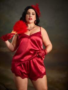 PinupPomp Conjunto de pijama con top de cami de satén con ribete de encaje y shorts - Rojo - Ver 1