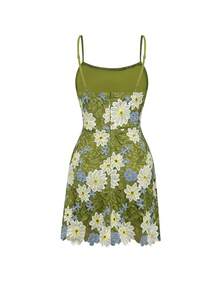 Ellevyn Romantic Lace Spaghetti Strap Dress, Suitable For Parties & Summer Wear - Green - View 4