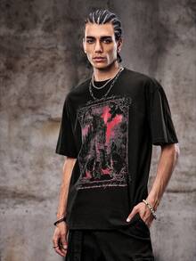 Skyrend Black Tee Shirt Scary Castle Graphicemo Graphic Tee Men - Red - View 6