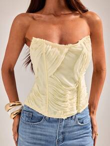 Top corto de mujer de color amarillo albaricoque con textura, estilo corset, top tubo sin mangas, para usar en primavera/verano - Albaricoque - Ver 7