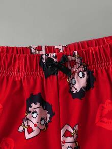 Betty Boop x SHEIN Ensemble de pyjama femme composé d'un débardeur et d'un short imprimé de motifs de dessins animés mignons, pour l'été - Rouge et Blanc - Voir 5