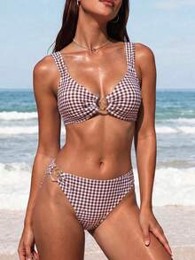 Bonvoyette Women's Summer Beach Holiday Metal Decor Plaid Print Swimwear 3 Pieces Set - Brown - View 12