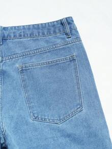 Manfinity Roughcore Men's Street Fashion Contrast Color Patchwork Star Embroidery Frayed Hem Washed Denim Shorts, Holiday - Medium Wash - View 5