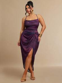 SHEIN BAE Robe grande taille à bretelles spaghetti fendue haute avec effet dégradé et dos nu - Prune - Voir 3