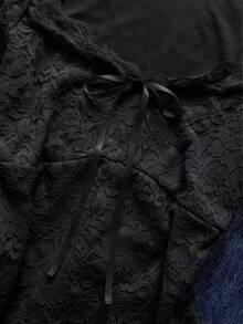 SHEIN 女款純色扭結修身優雅長袖蕾絲拼接上衣 - 黑色 - 查看 6